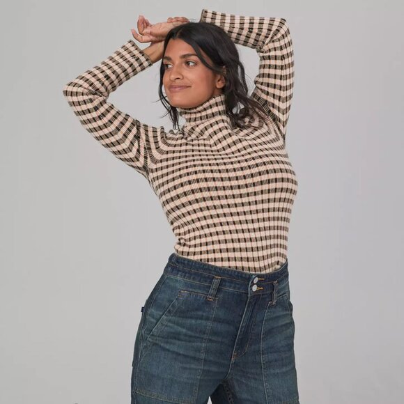 By Anthropologie Maeve Striped Turtle Neck Jumper Sweater Size XL Retro Mock - Picture 3 of 16